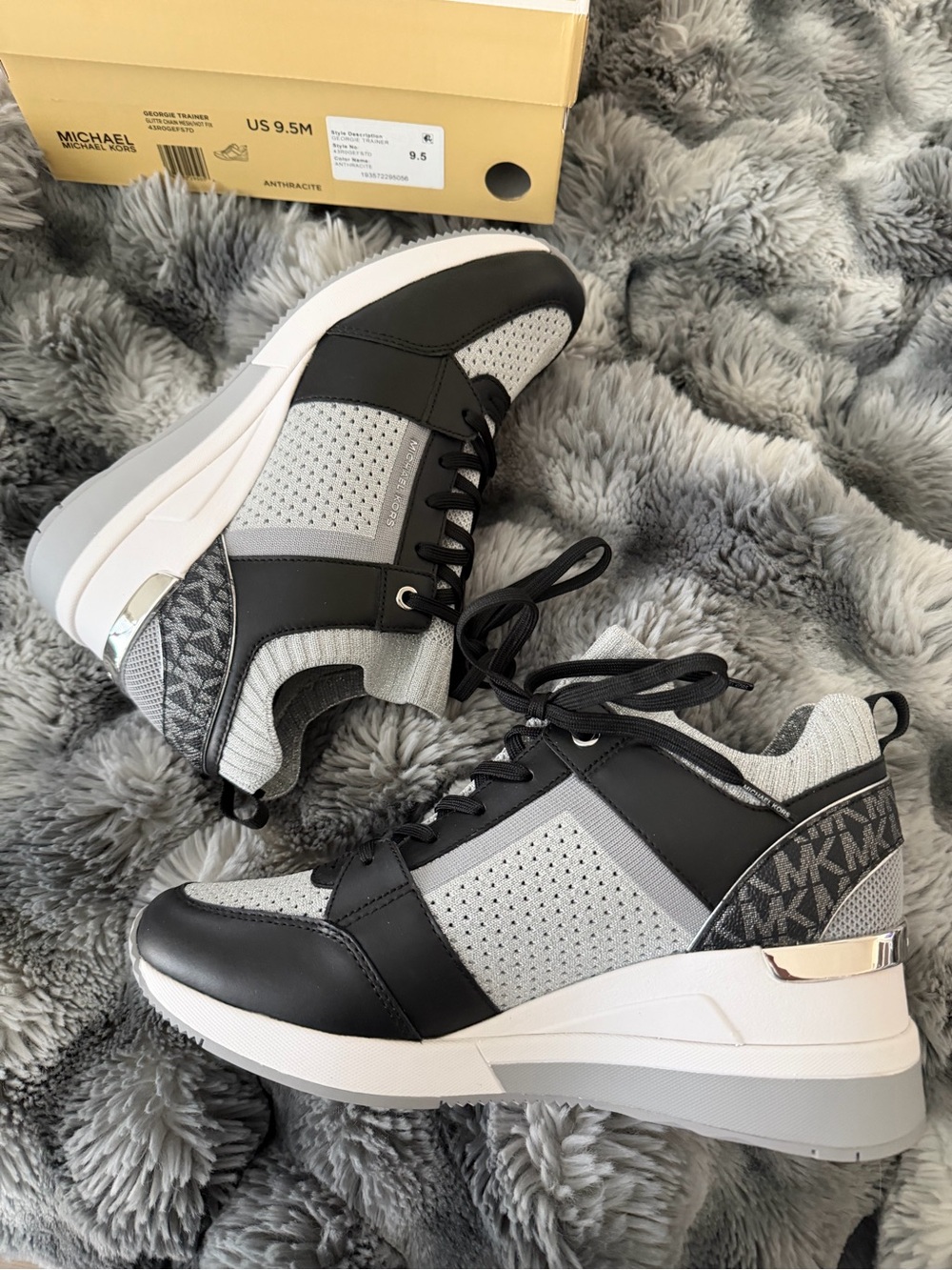 Michael Kors Black and Gray MK Logo Wedge Sneakers $75 NIB